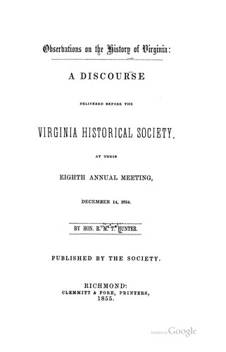 Cover for Observations on the History of Virginia: A Discourse Delivered Before the Virginia Historical ...