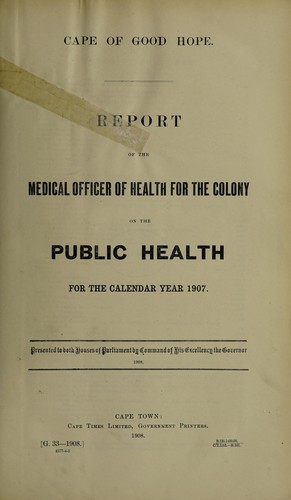Cover for Report of the Medical Officer of Health for the Colony on the public health ...