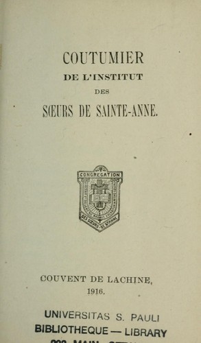 Cover for Coutumier de l'Institut des Soeurs de Sainte-Anne