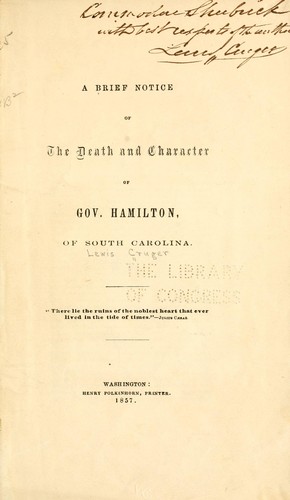 Cover for A brief notice of the death and character of Gov.