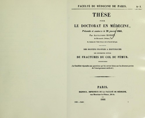 Cover for Th©·ses pour le Doctorat en M©♭decine ... Des moyens propres ©  distinguer les diff©♭rentes esp©·ces de fractures du col du f©♭mur