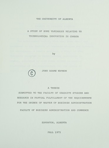 Cover for A study of some variables relating to technological innovation in Canada