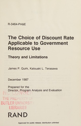 Cover for The choice of discount rate applicable to government resource use