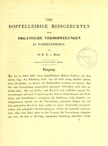Cover for Über doppelleibige Missgeburten oder organische Verdoppelungen in Wirbelthieren