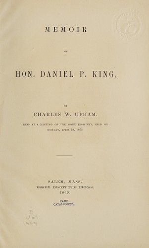 Cover for Memoir of Hon. Daniel P. King