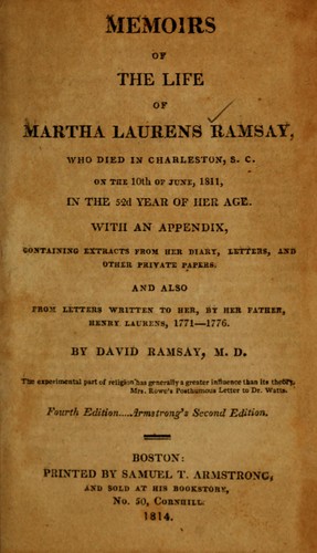 Cover for Memoirs of the life of Martha Laurens Ramsay, who died in Charleston, S.C. on the 10th of June, 1811, in the 52d year of her age