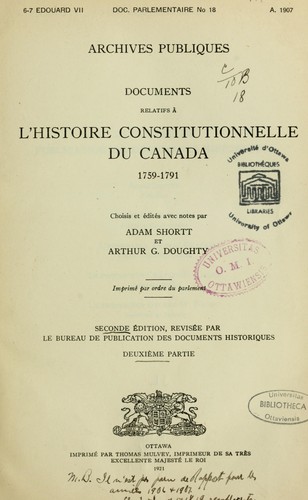 Cover for Documents relatifs à l'histoire constitutionnelle du Canada, 1759-  \