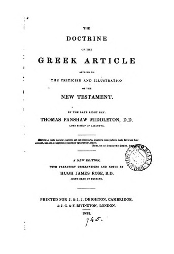 Cover for The Doctrine of the Greek Article: Applied to the Criticism and Illustration of the New Testament
