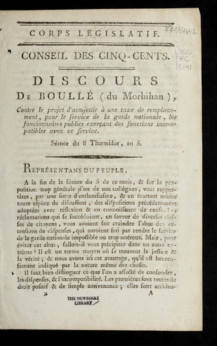 Cover for Discours de Boulle  (du Morbihan), contre le projet d'assujettir a   une taxe de remplacement, pour le service de la garde nationale, les foncionnaires [i.e. fonctionnaires] publics exerc ʹant des fonctions incompatibles avec ce service