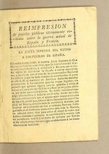 Cover for Reimpresion de papeles pùblicos ùltimamente recibidos sobre la guerra actual de España y Francia