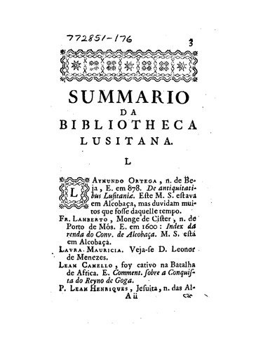 Cover for Summario da Bibliotheca luzitana ...