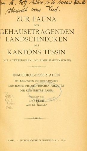 Cover for Zur Fauna der gehäusetragenden Landschnecken des Kantons Tessin ...