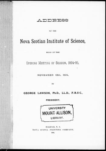Cover for Address to the Nova Scotian Institute of Science