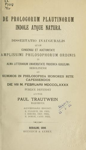 Cover for De prologorum Plautinorum indole atque natura.