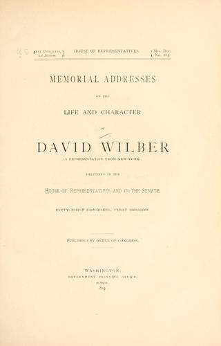 Cover for Memorial addresses on the life and character of David Wilber (a representative from New York)