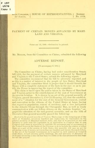 Cover for Payment of certain moneys advanced by Maryland and Virginia ...
