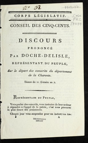 Cover for Discours prononce  par Doche-Delisle, repre sentant du peuple, sur le depart des conscrits du de partement de la Charente