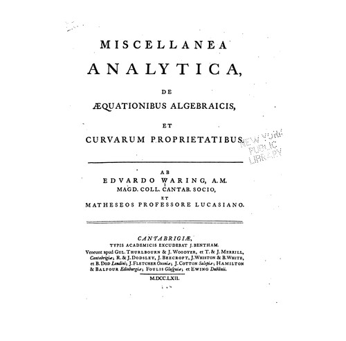 Cover for Miscellanea analytica, de aequationibus algebraicis, et curvarum proprietatibus