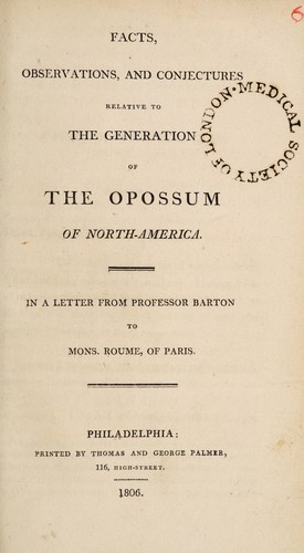 Cover for Facts, observations, and conjectures relative to the generation of the opossum of North-America