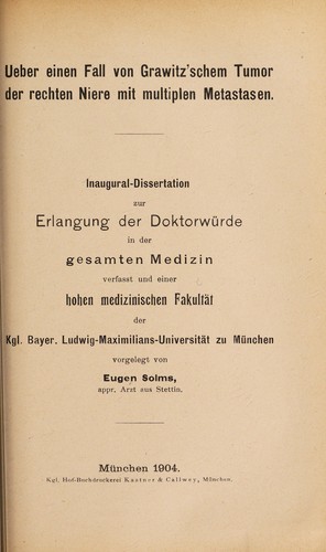 Cover for Über einen Fall von Grawitz'schem Tumor der rechten Niere mit mulitplen Metastasen ...