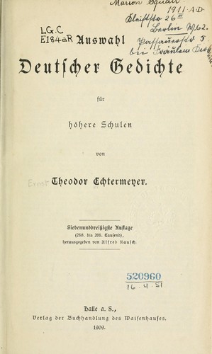 Cover for Auswahl deutscher gedichte für höhere Schulen