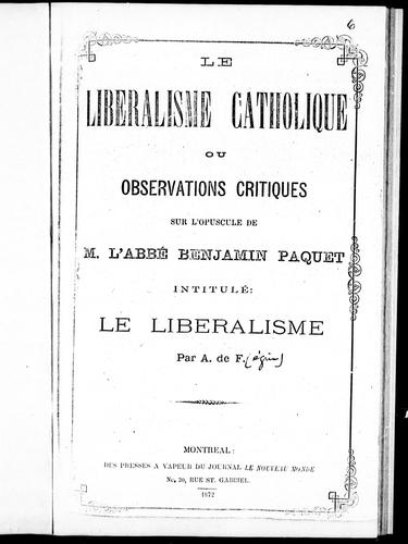 Cover for Quelques observations critiques sur l'ouvrage de M. l'abbé B. Paquet intitulé : Le libéralisme