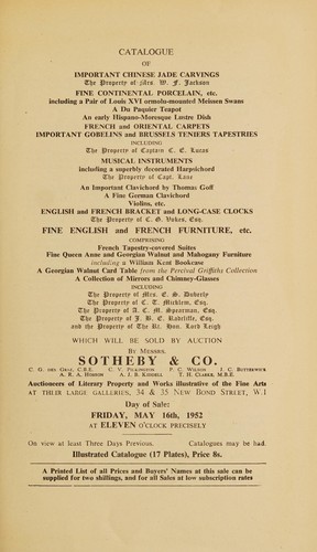 Cover for Catalogue of important Chinese jade carvings, fine continental porcelain, French and oriental carpets, important Gobelins and Brussels Teniers tapestries, musical instruments, English and French bracket and long-case clocks, fine English and French furniture