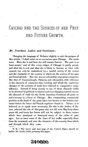 Cover for Chicago and the sources of her past and future growth.