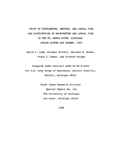 Cover for Drift of zooplankton, benthos, and larval fish and distribution of macrophytes and larval fish in the St. Marys River, Michigan, during winter and summer, 1985