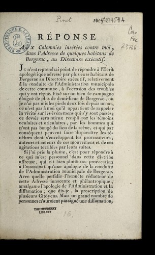 Cover for Re ponse aux calomnies inse re es contre moi, dans l'adresse de quelques habitans de Bergerac, au Directoire exe cutif
