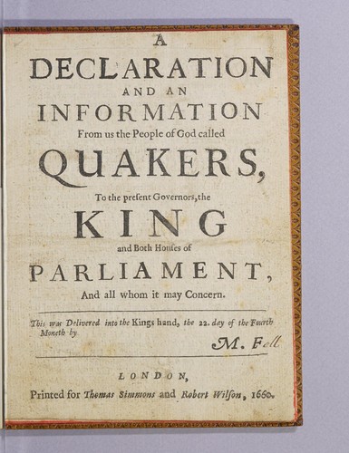 Cover for A declaration and an information from us the people of God called Quakers