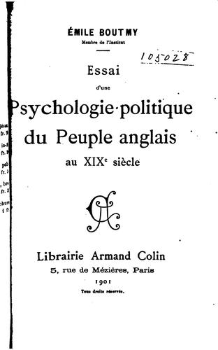 Cover for Essai d'une psychologie politique du peuple anglais au XIXe siècle