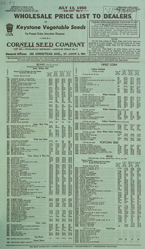 Cover for Wholesale price list to dealers of Keystone vegetable seeds