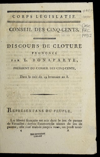 Cover for Discours de clo ture prononce  par L. Bonaparte, pre sident du Conseil des cinq-cents, dans la nuit du 19 brumaire an 8.