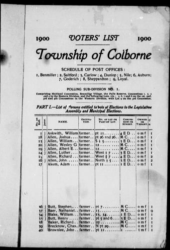 Cover for Voters' list, 1900, township of Colborne