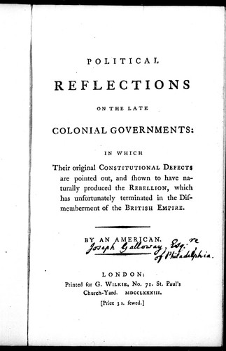Cover for Political reflections on the late colonial governments
