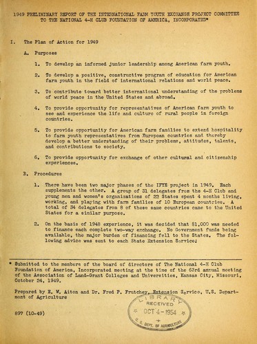 Cover for 1949 preliminary report of the International Farm Youth Exchange Project committee to the National 4-H Club Foundation of America, incorporated