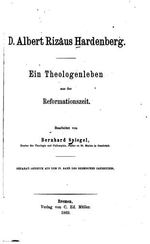 Cover for D. Albert Rizäus Hardenberg: Ein Theologenleben aus der Reformationszeit