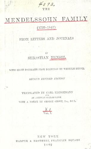 Cover for Mendelssohn family, (1729-1847) from letters and journals, by Sebastian Hensel.