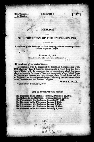 Cover for Message from the president of the United States, in answer to a resolution of the Senate of the 29th January, relative to correspondence on the subject of Oregon