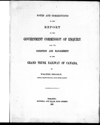 Cover for Notes and corrections to the report of the government commission of enquiry into the condition and management of the Grand Trunk Railway of Canada
