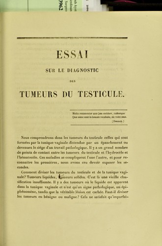 Cover for Essai sur le diagnostic des tumeurs du testicule