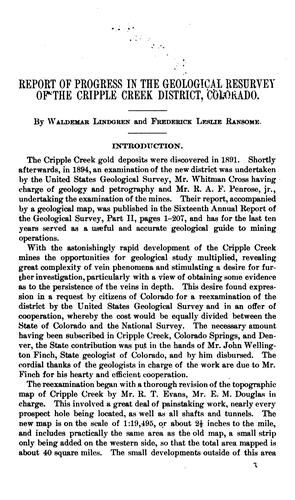 Cover for Report of progress in the geological resurvey of the Cripple Creek district, Colorado