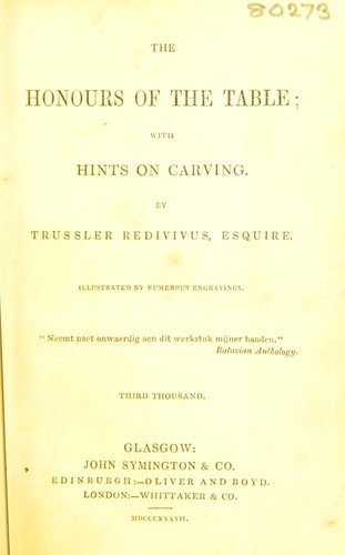Cover for The honours of the table; with hints on carving. Illustrated by numerous engravings