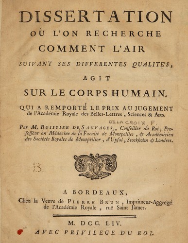 Cover for Dissertation où l'on recherche comment l'air, suivant ses différentes qualités, agit sur le corps humain