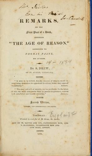 Cover for Remarks, on the first part of a book, entitled "The Age of Reason," addressed to Thomas Paine, its author