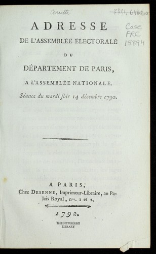 Cover for Adresse de l'assemble e e lectorale du de partement de Paris a l'Assemble e nationale