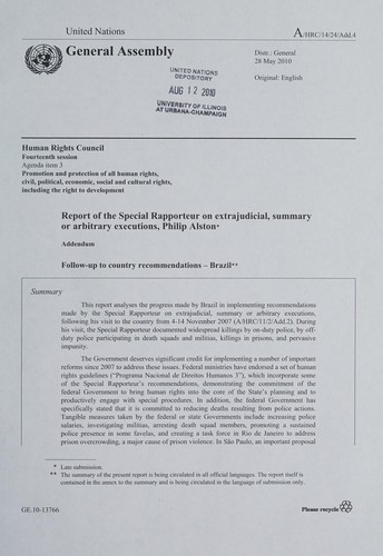 Cover for Report of the Special Rapporteur on extrajudicial, summary or arbitrary executions