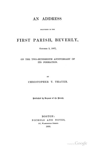 Cover for An Address Delivered in the First Parish, Beverly