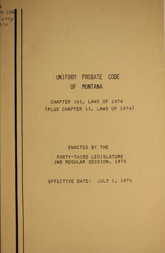 Cover for Uniform probate code of Montana
